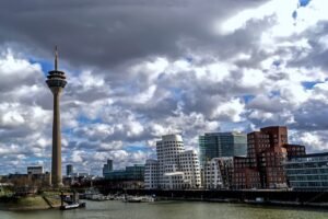 dusseldorf, media harbour, germany, television tower, building, urban, rheinturm, city, modern, facade, aslant, unterbilk, gehry buildings, abstract, rhine, harbor area, outlook, landmark, dusseldorf, dusseldorf, dusseldorf, dusseldorf, dusseldorf