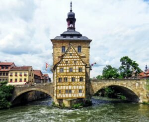 Altes Rathaus surrounded by water and bridges in Bamberg, Germany.