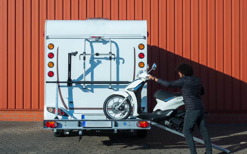 Man lädt Motorrad auf Wohnmobil Motorradträger
