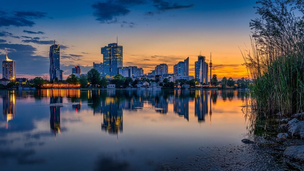 austria, come, sunset, city, architecture, building, panorama, tourism, nature, wien, the water, danube, europe