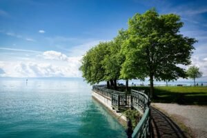 Beautiful summer landscape of Lake Constance in Friedrichshafen, Germany with lush green trees and calm water.