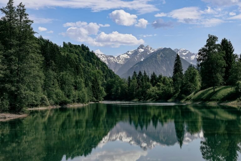 Breathtaking view of a serene lake reflecting alpine mountains in Fischen im Allgäu, Bavaria.