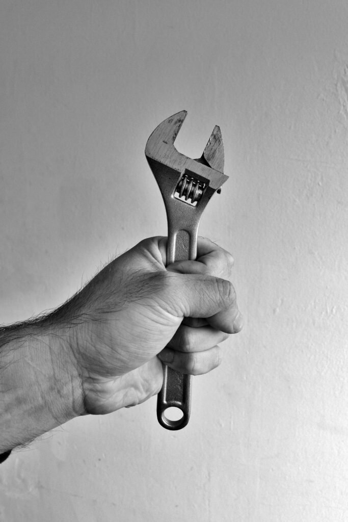 Close-up of a hand gripping an adjustable wrench in classic black and white style.