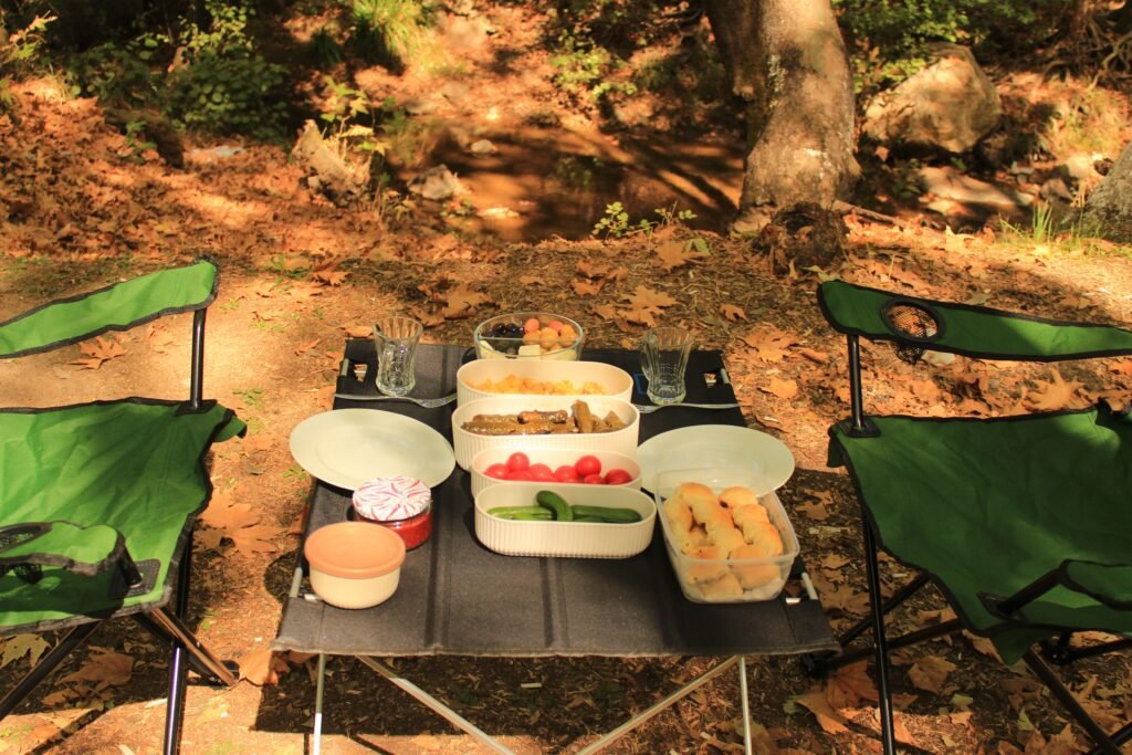 Inviting outdoor picnic scene with chairs, snacks, and natural greenery.