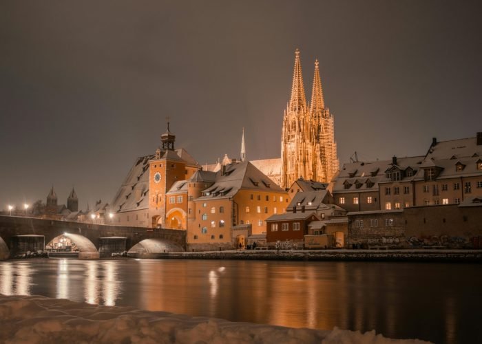 Confront existential dread! Forgotten, aging, or lost in doubt—which horror would you face? Beautiful night view of Regensburg's illuminated cathedral and snow-covered architecture along the Danube River.